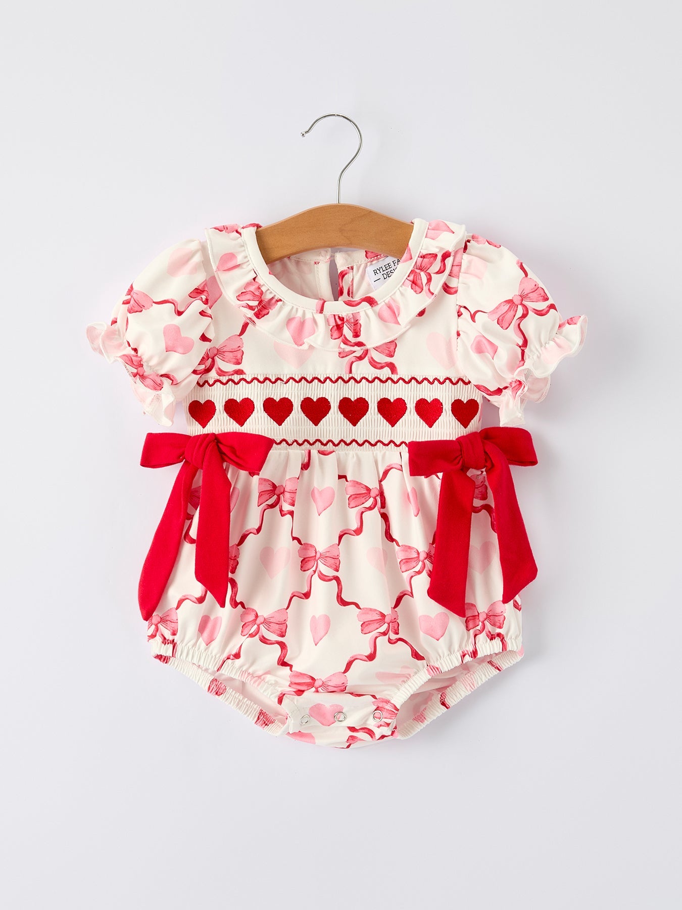 Girls Valentine Romper with Heart Embroidery and Bowknot Design