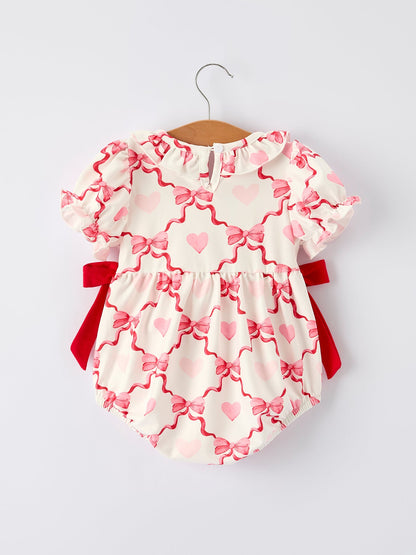 Girls Valentine Romper with Heart Embroidery and Bowknot Design