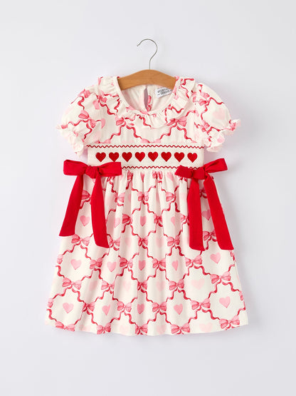 Girls Valentine Dress with Heart Embroidery and Bowknot Design
