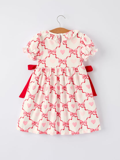 Girls Valentine Dress with Heart Embroidery and Bowknot Design