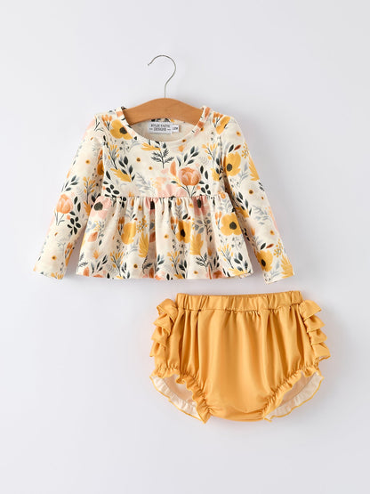 Fall Floral Print Baby Girls Long Sleeve Top with Ruffle Bloomers Set