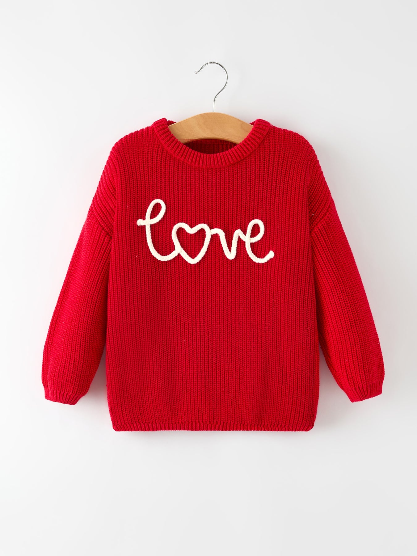 Valentine’s Day Girls Red Knit Sweater – "Love" Heart Embroidery Long Sleeve Pullover