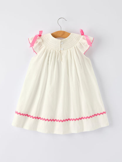 Fall White Girls Dress with Pink Bow Embroidery