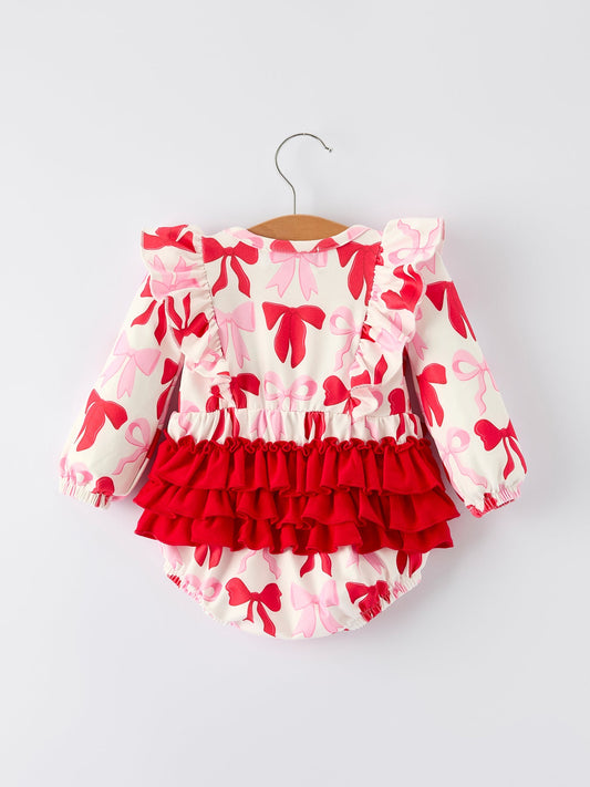 Baby Girls Valentine’s Bow Print Long Sleeve Ruffle Romper
