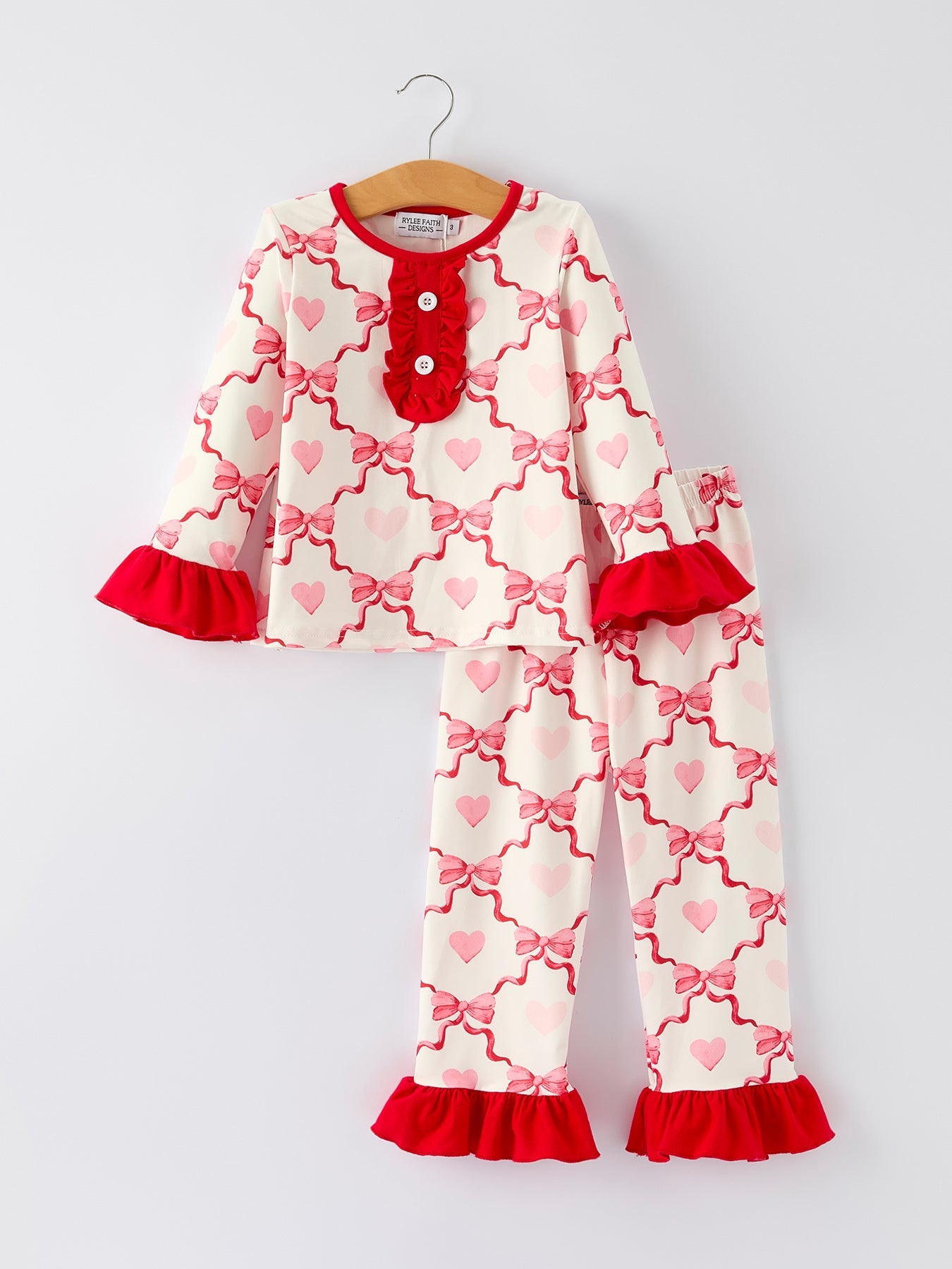 Valentine’s Day Girl Set with Heart Print and Red Ruffle Details