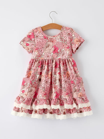 Fall Sweet Floral Pattern Dress with Pockets and Ruffle Hem for Girls