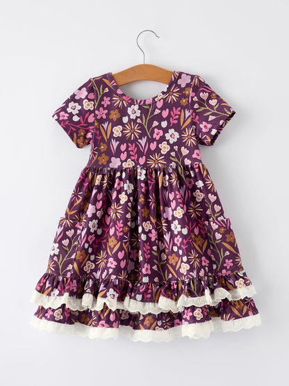 Retro Floral Print Short Sleeve  Girls Dress  with Pockets