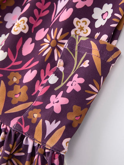 Retro Floral Print Short Sleeve  Girls Dress  with Pockets