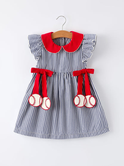 Girls Baseball Team Outfit – Striped Ruffle Sleeve Dress with Ball Design