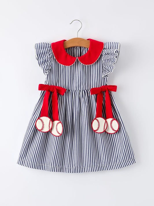 Girls Baseball Team Outfit – Striped Ruffle Sleeve Dress with Ball Design