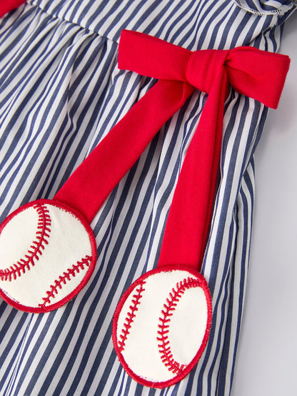 Girls Baseball Team Outfit – Striped Ruffle Sleeve Dress with Ball Design