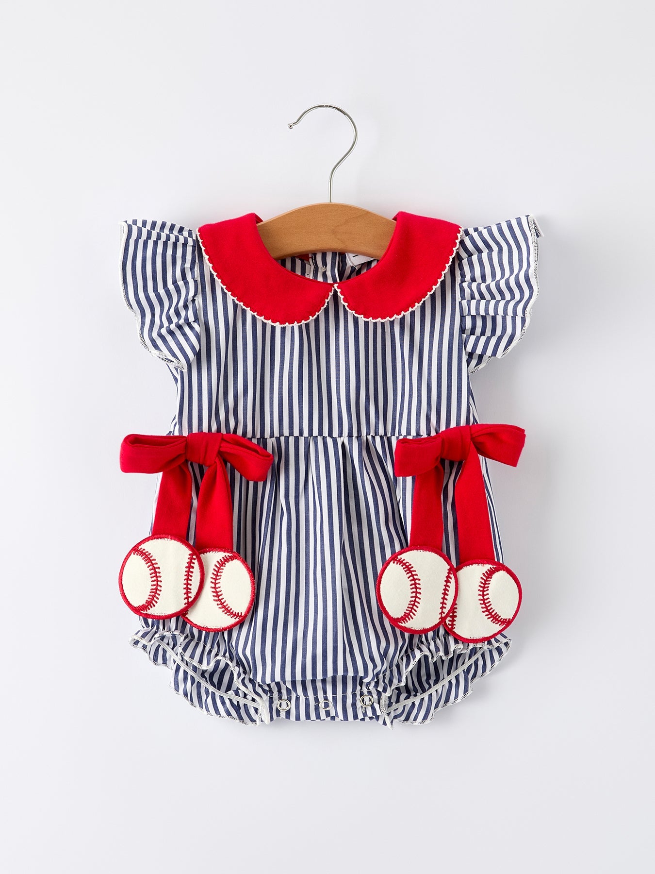 Girls Baseball Team Outfit – Striped Ruffle Sleeve Romper with Ball Design