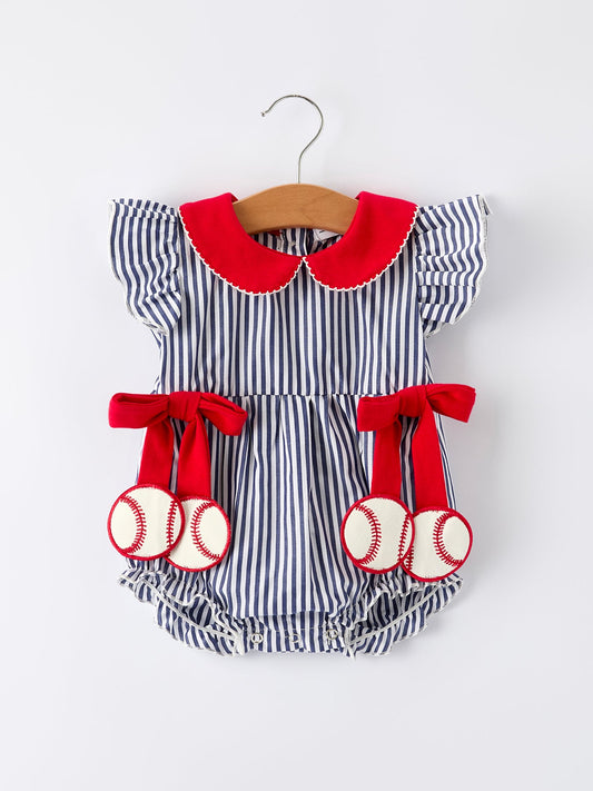 Girls Baseball Team Outfit – Striped Ruffle Sleeve Romper with Ball Design