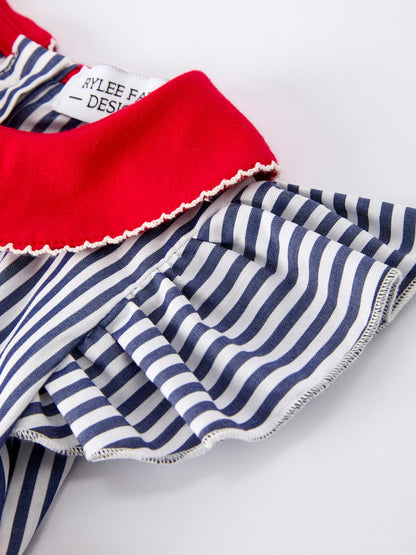 Girls Baseball Team Outfit – Striped Ruffle Sleeve Romper with Ball Design