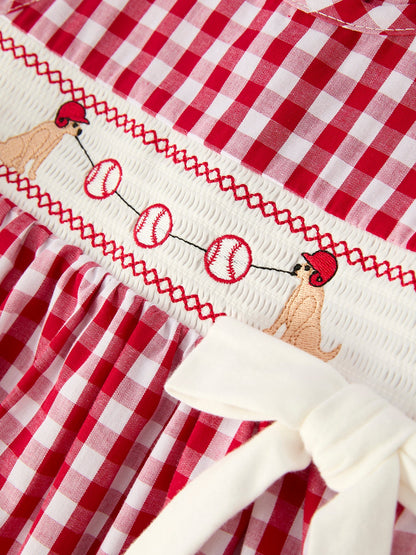 Dog Baseball Smocking Embroidery Dress