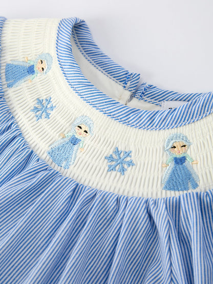 Baby Girls Romper – Blue Striped Smocked Outfit with Short Sleeves
