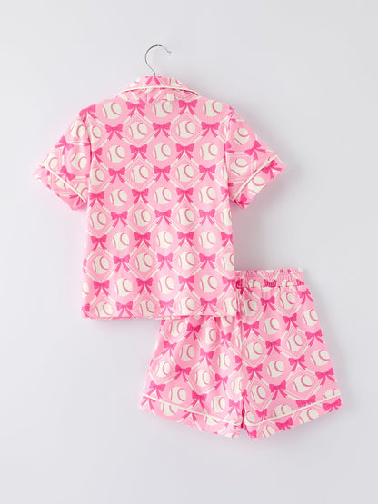 Girls Baseball Bow Print Pajama Set Short Sleeve Pink