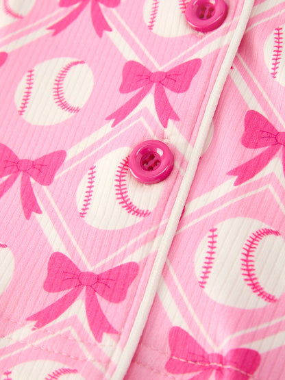 Girls Baseball Bow Print Pajama Set Short Sleeve Pink