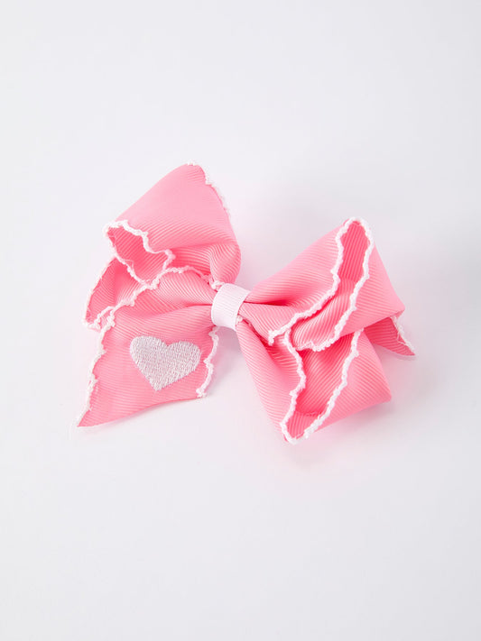Valentine Cute Pink Bow Hair Clip with White Heart Embroidery for Girls