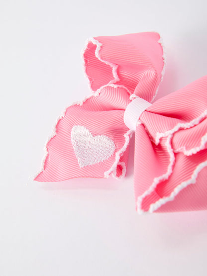 Valentine Cute Pink Bow Hair Clip with White Heart Embroidery for Girls