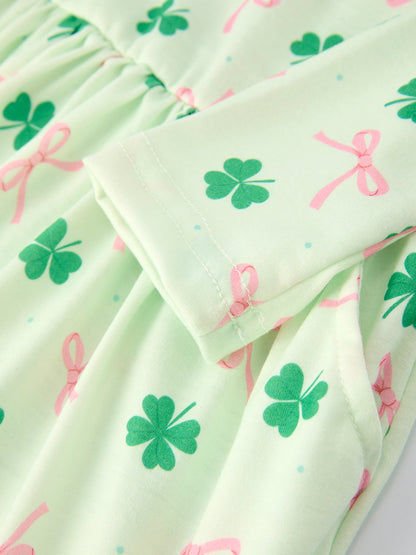 St. Patrick's Day Bow Shamrock Print Ruffles Girls Dress