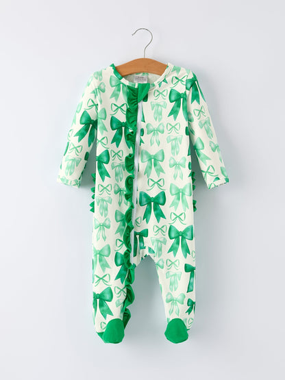 St. Patrick's Day Bow Print  Long Sleeves Baby Girls Romper