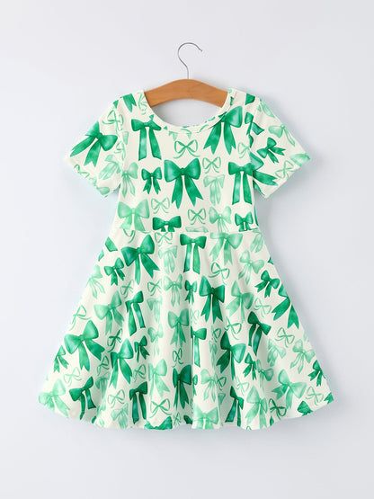 St. Patrick's Day Bow Print  Short Sleeves Girls Dress