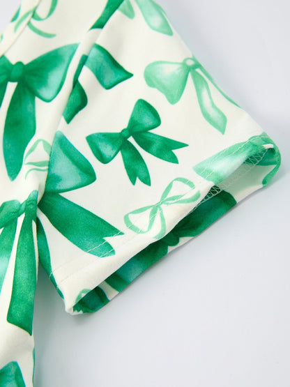 St. Patrick's Day Bow Print  Short Sleeves Girls Dress