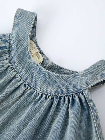 Girls Denim Ruffle Trim A-Line Dress