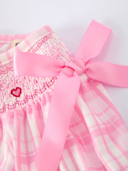 Valentine's Day Pink Plaid Smocked Heart Embroidery Girls Romper