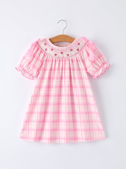 Valentine's Day Pink Plaid Smocked Heart Embroidery Girls Dress