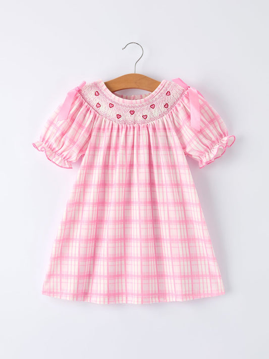 Valentine's Day Pink Plaid Smocked Heart Embroidery Girls Dress