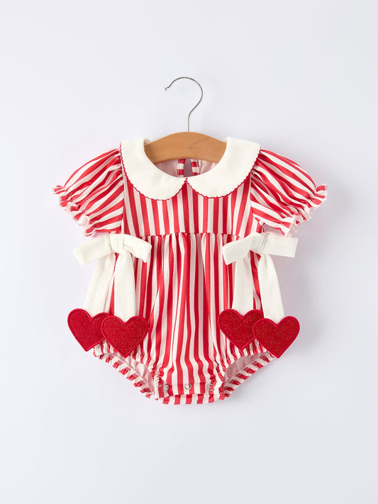 Valentine's Red Stripe Heart Bubble Romper for Baby Girls