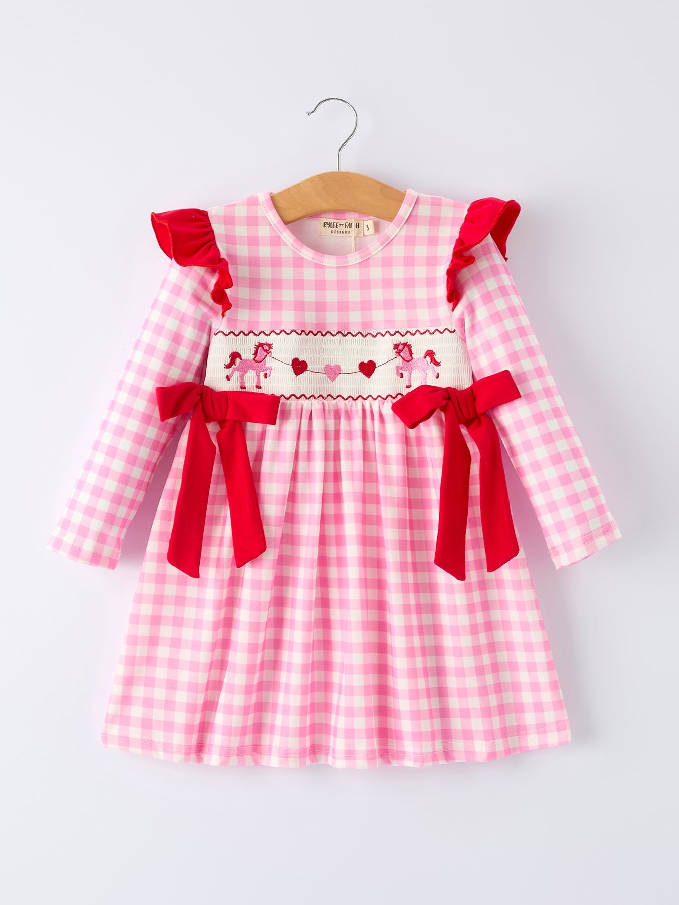 Valentine Pink Plaid Girls Dress with Horse & Heart Smocking Embroidery