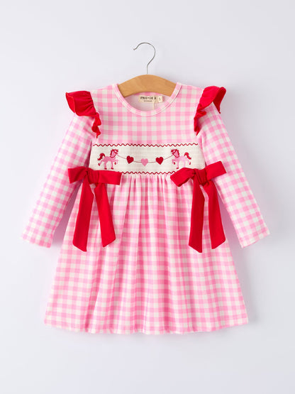 Valentine Pink Plaid Girls Dress with Horse & Heart Smocking Embroidery