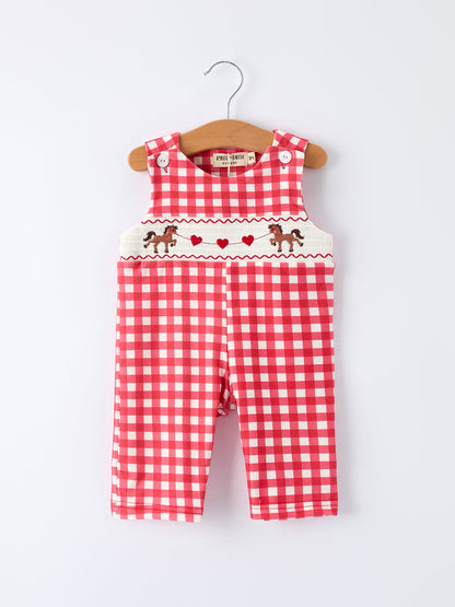 Valentine's Day Plaid Heart Embroidered Pony Boys' Romper