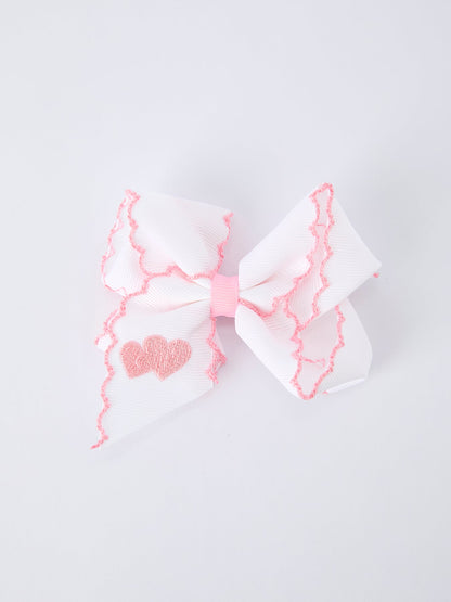 Valentine's Day Heart Embroidered White Girls Bow Hairpin 4 Inch
