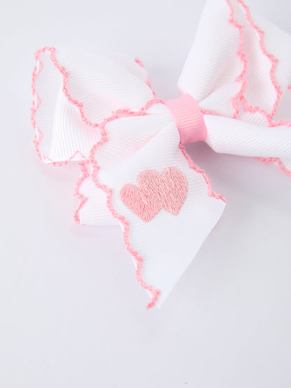 Valentine's Day Heart Embroidered White Girls Bow Hairpin 4 Inch