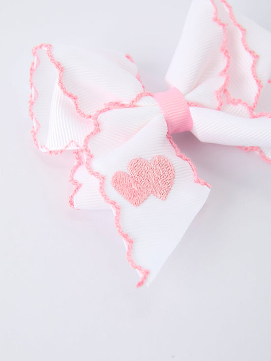 Valentine's Day Heart Embroidered White Girls Bow Hairpin 4 Inch