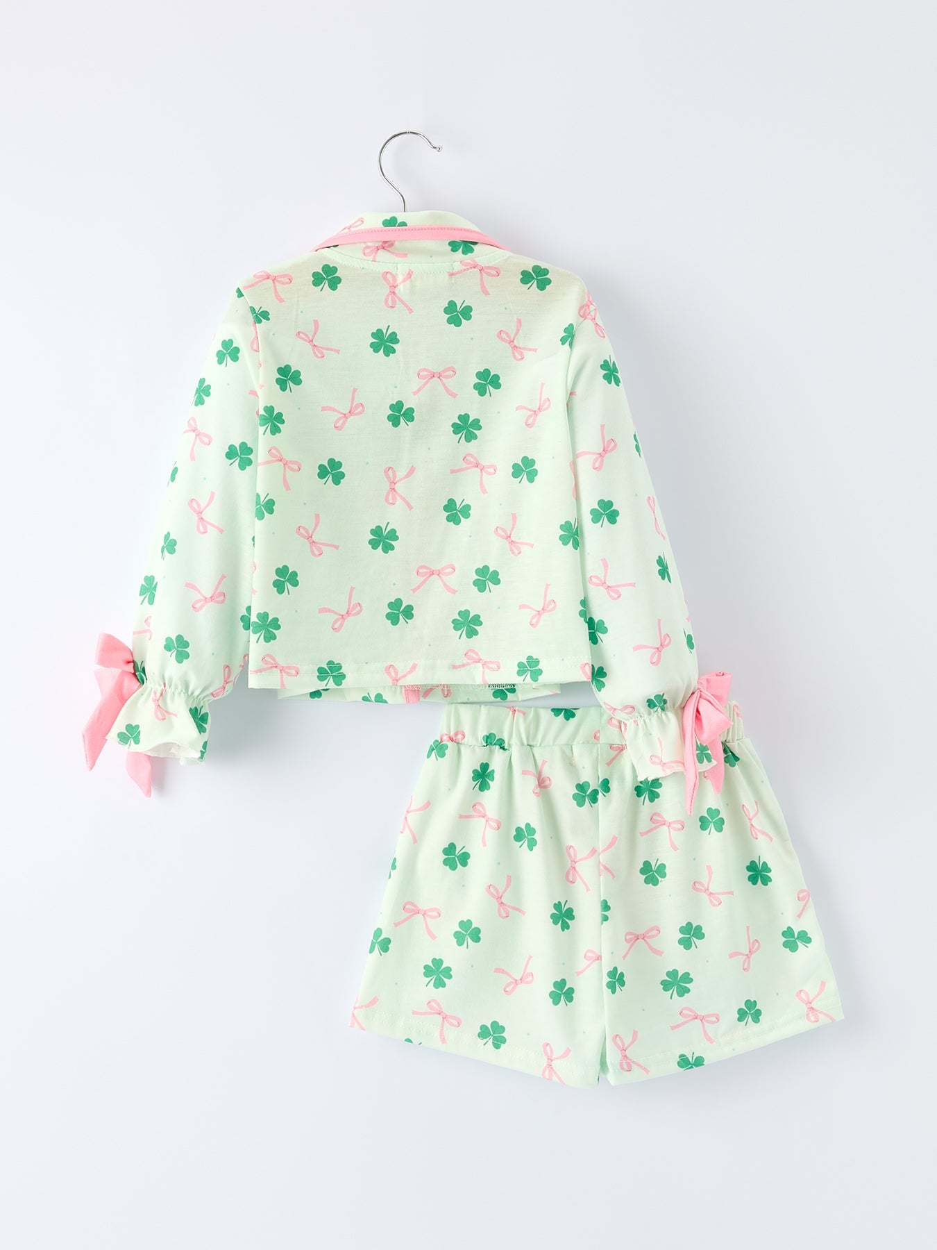 St. Patrick's Day Bow Shamrock Print Ruffles Girls Pajama Set
