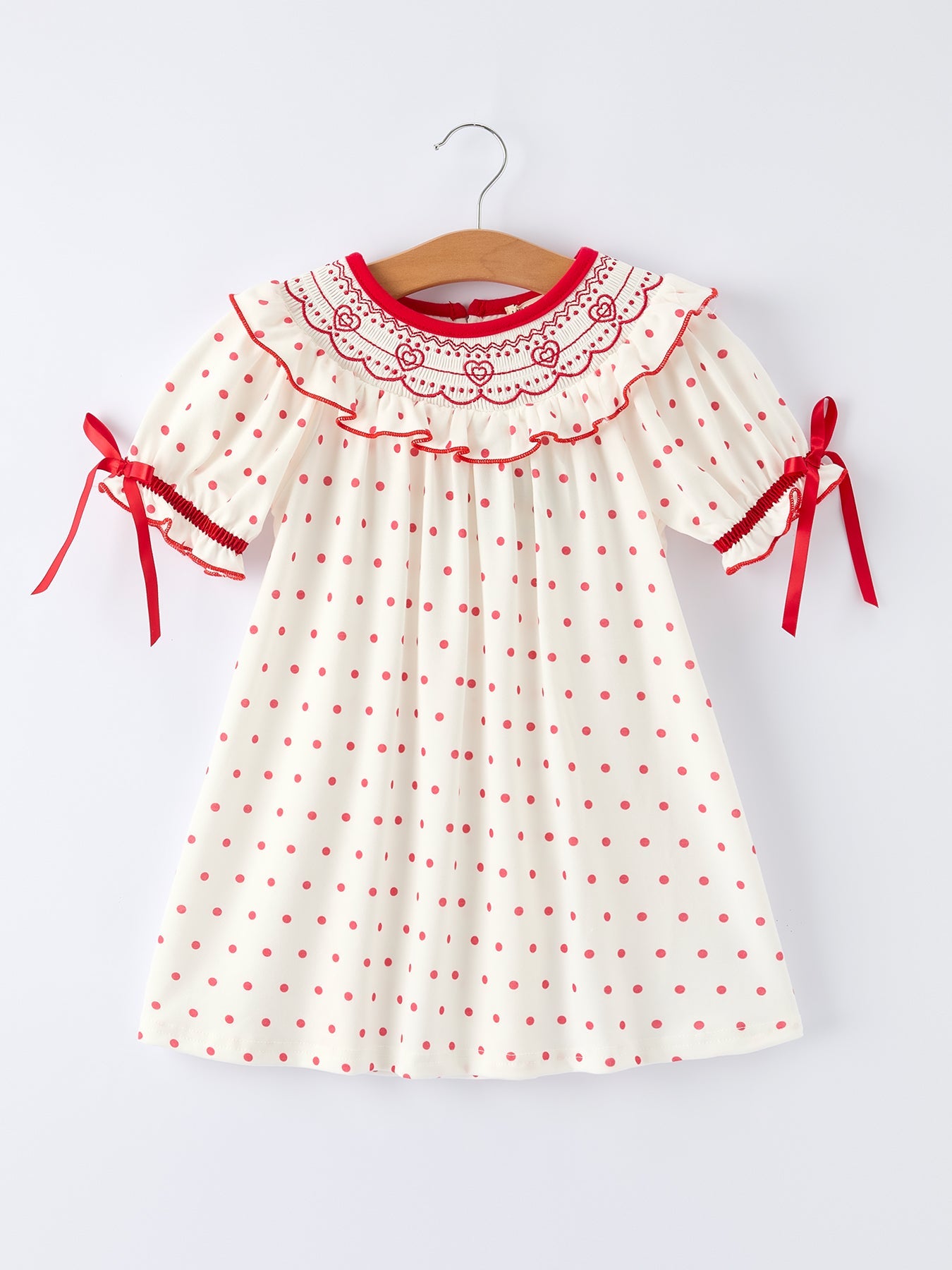 Valentine's Day Polka Dot Girls' Dress with Smocking Embroidery