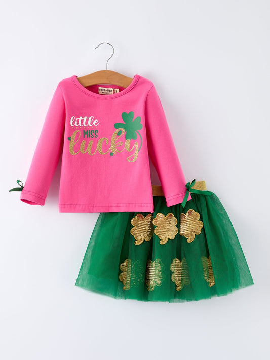 St. Patrick Shamrock  Letter Top + Girls' Tulle Sequin Skirt Set