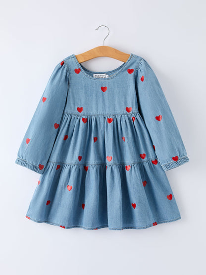 Denim Heart Dress for Girls – Long Sleeve Valentine Outfit