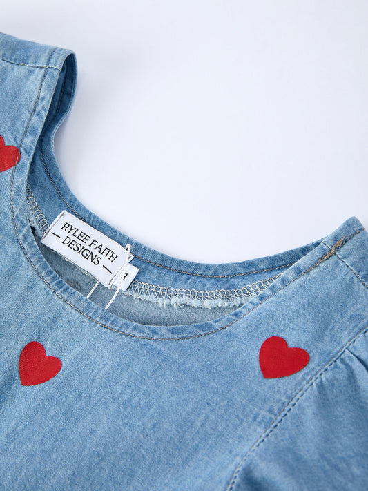 Denim Heart Dress for Girls – Long Sleeve Valentine Outfit