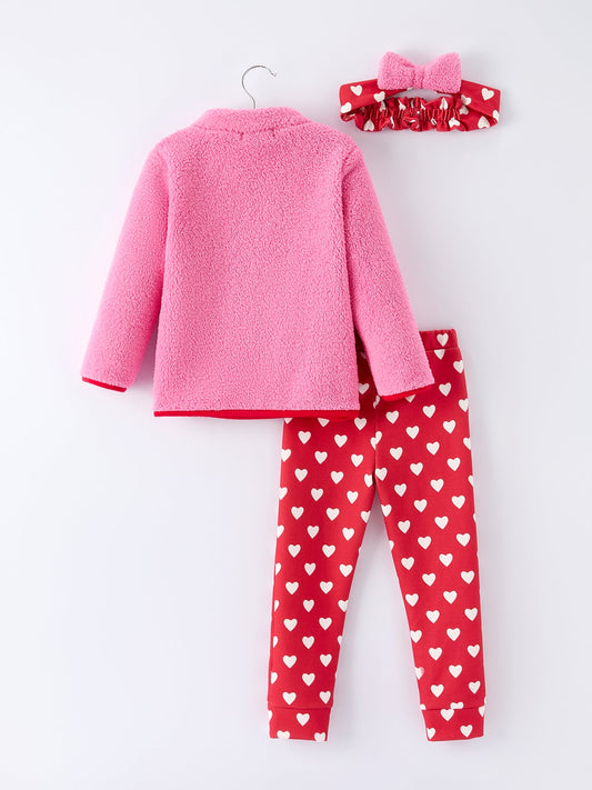 Valentine Pink Sherpa Heart Top with Red Heart Leggings and Bow Headband
