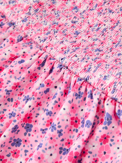 Girls Valentine's Day Floral Ruffle Smocking Dress