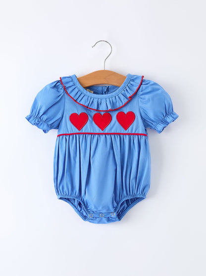 Valentine's Day Baby Girl Heart Applique Blue Romper