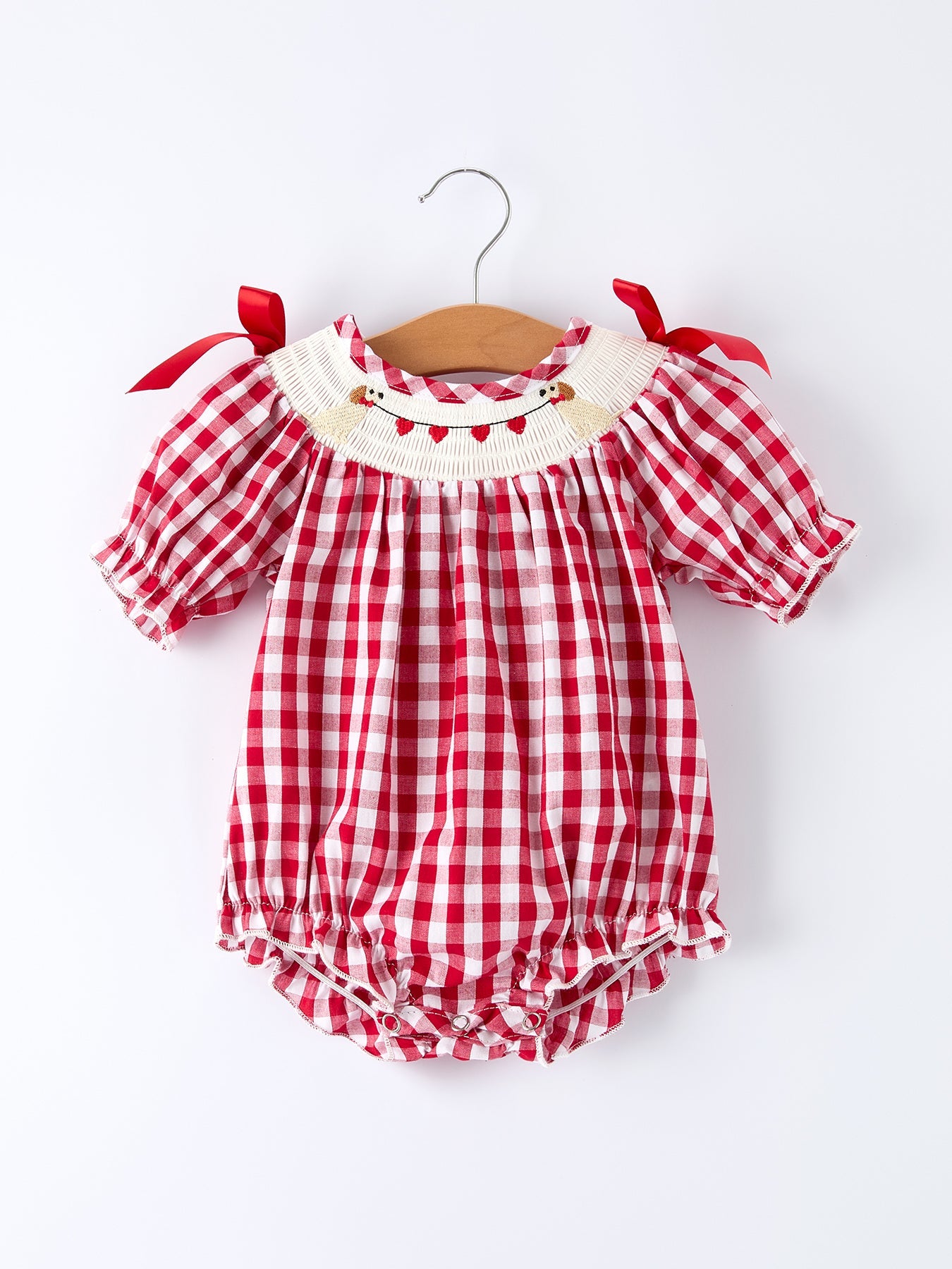 Valentine Red Plaid Romper with Smocked Heart Dog Detail and Bows