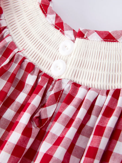 Valentine Red Plaid Romper with Smocked Heart Dog Detail and Bows