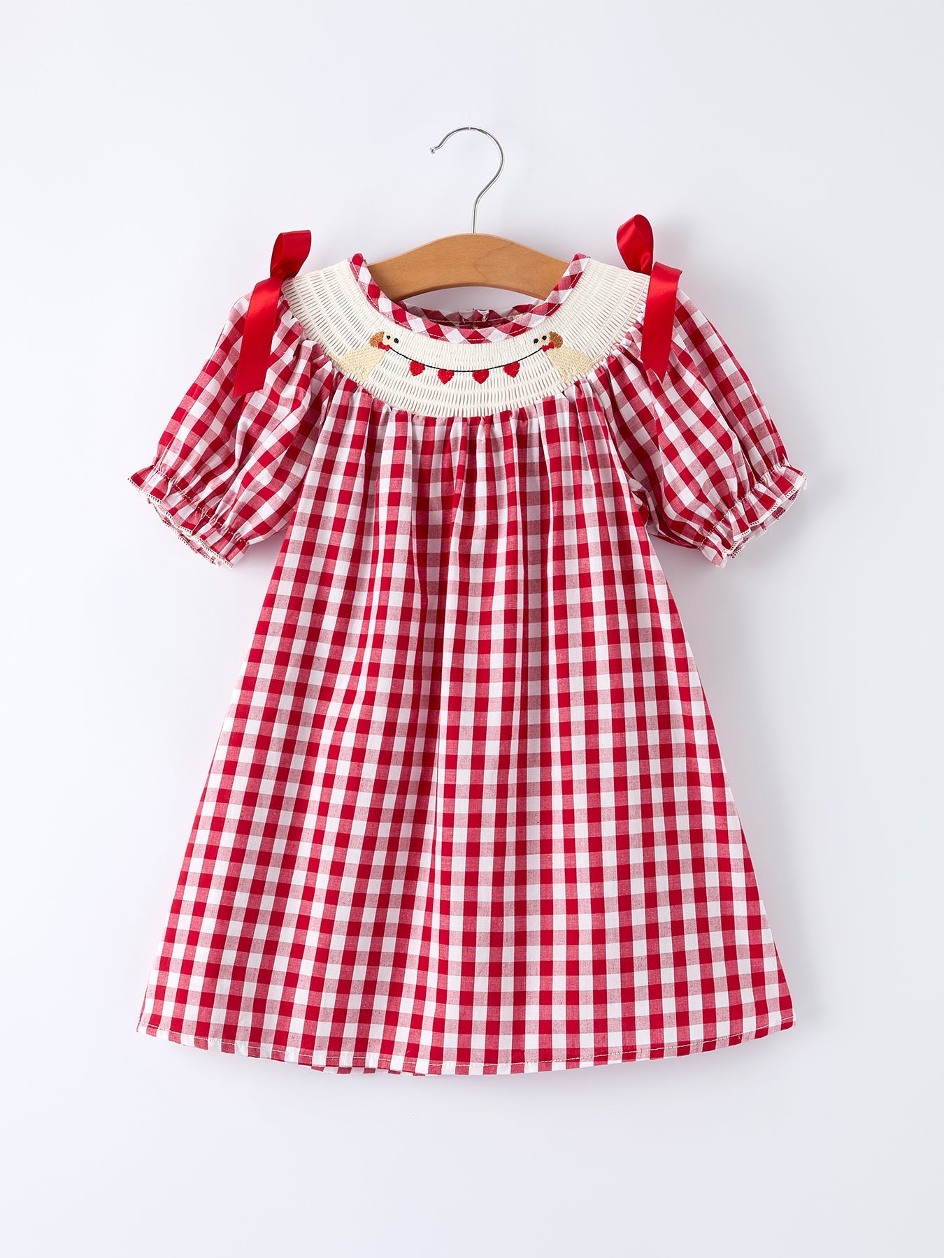 Valentine Red Plaid Dress with Smocked Heart Dog Detail and Bows
